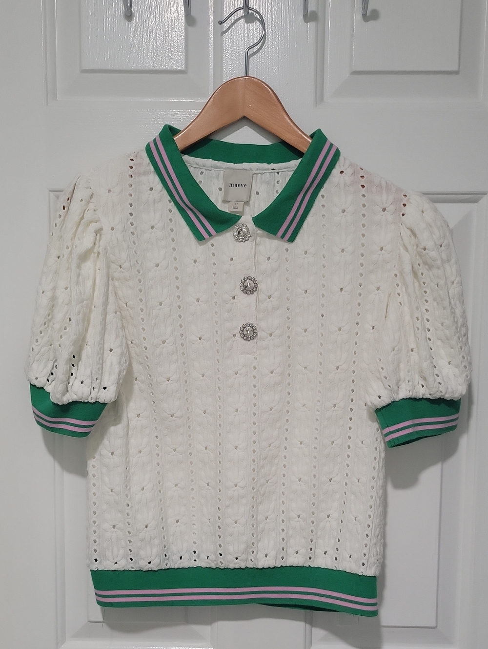 Maeve Eyelet Polo Top with Green and Pink Trim